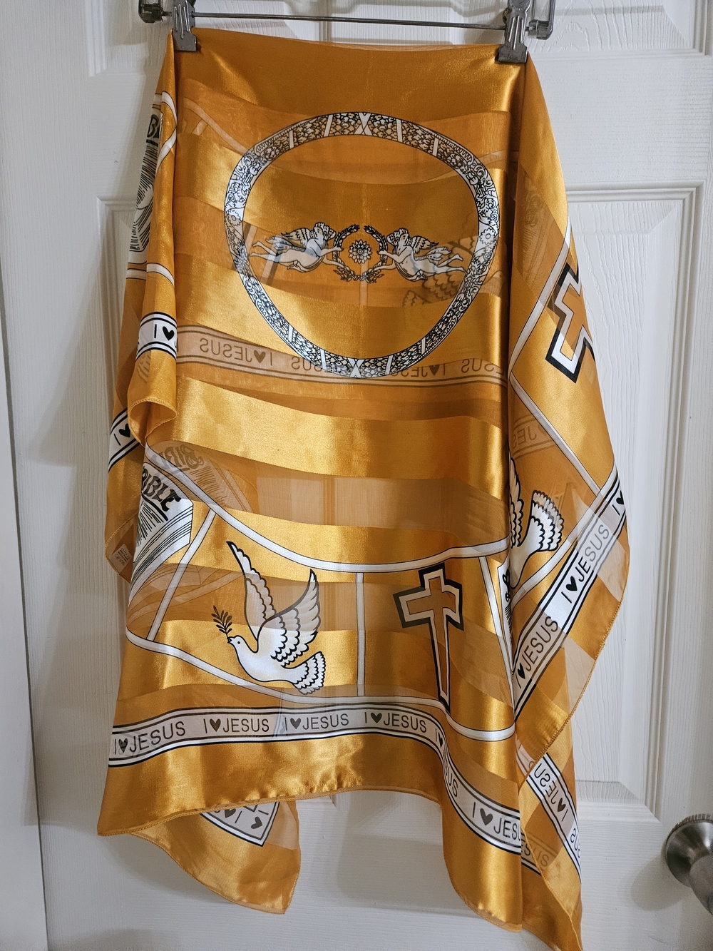 White & Gold Religious Print Satin Scarf - Picture 5 of 12
